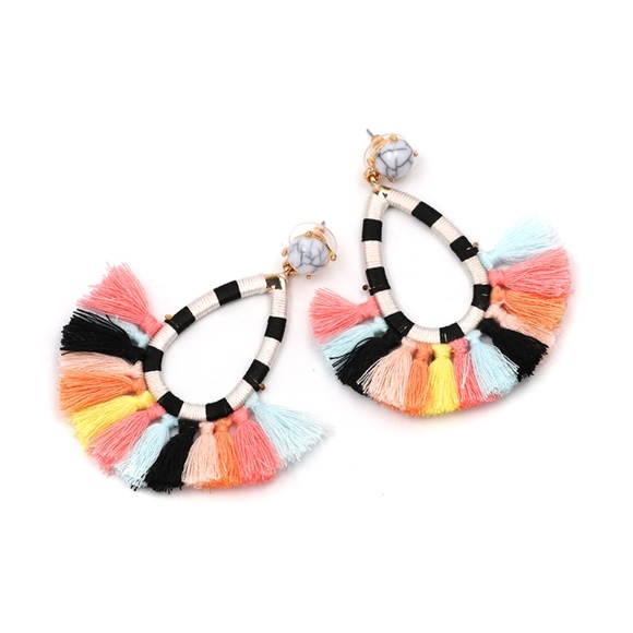 golden threads Jewelry - Black white Hoop Multi Fringe Marble stud Earrings